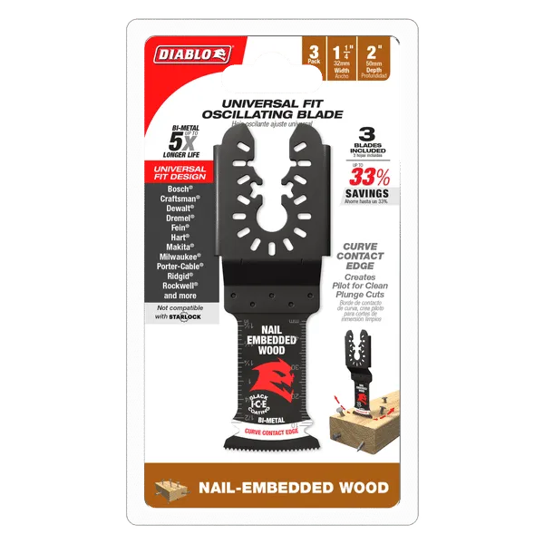Diablo 1-1/4" Demo Demon Universal Fit Bi-Metal Oscillating Blades for Nail-Embedded Wood - 3/Pack