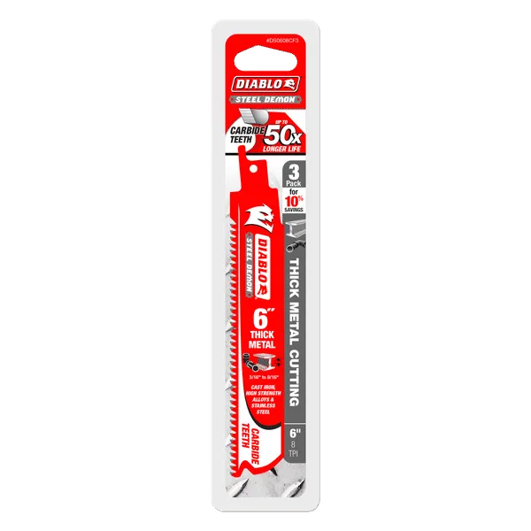 Diablo 6" x 8-TPI Steel Demon Carbide Teeth Reciprocating Saw Blades for Thick Metal - 3/Pack