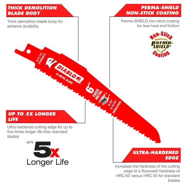 Diablo 9" x 8/10-TPI Bi-Metal Reciprocating Saw Blades for Thick Metal - 5/Pack