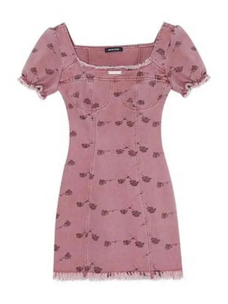Girlary France Fashion Vintage Chic One Piece Dress Women Elegant Y2k Print Mini Dress Female Casual Short Sleeve Dress Outdoor Summer
