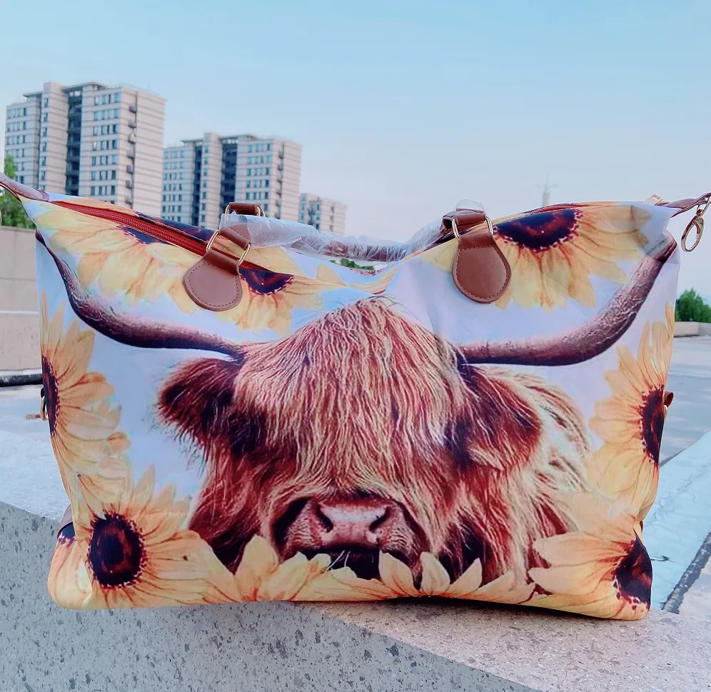Highland Cow and Sunflowers On White Weekender with Faux Leather Handles