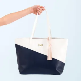 Monogram Faux Leather Tote - Navy & White