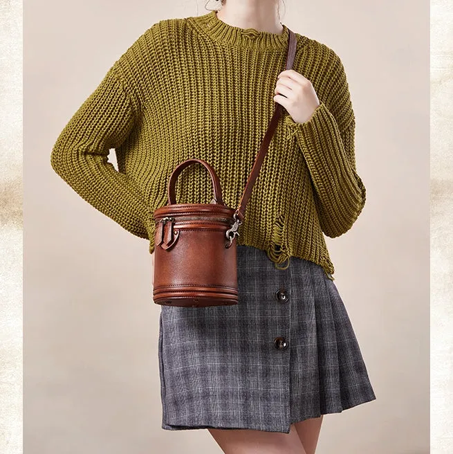 Vintage Womens Genuine Leather Crossbody Bucket Bag Handbags for Women