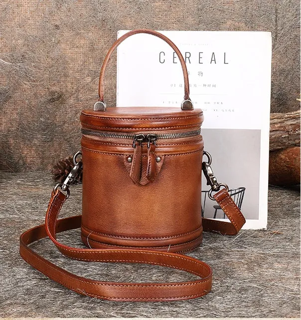 Vintage Womens Genuine Leather Crossbody Bucket Bag Handbags for Women