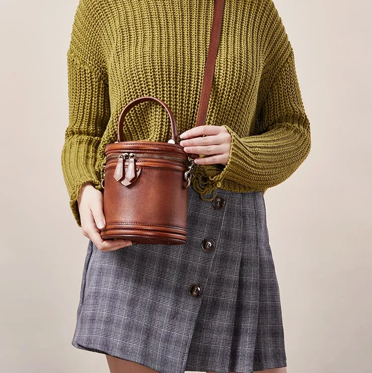 Vintage Womens Genuine Leather Crossbody Bucket Bag Handbags for Women