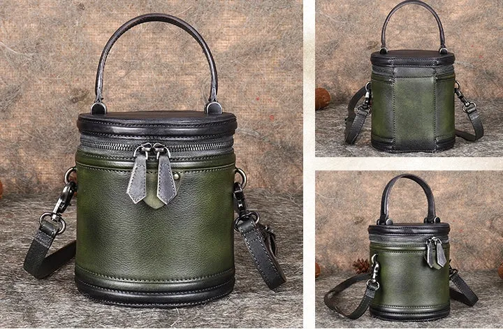 Vintage Womens Genuine Leather Crossbody Bucket Bag Handbags for Women