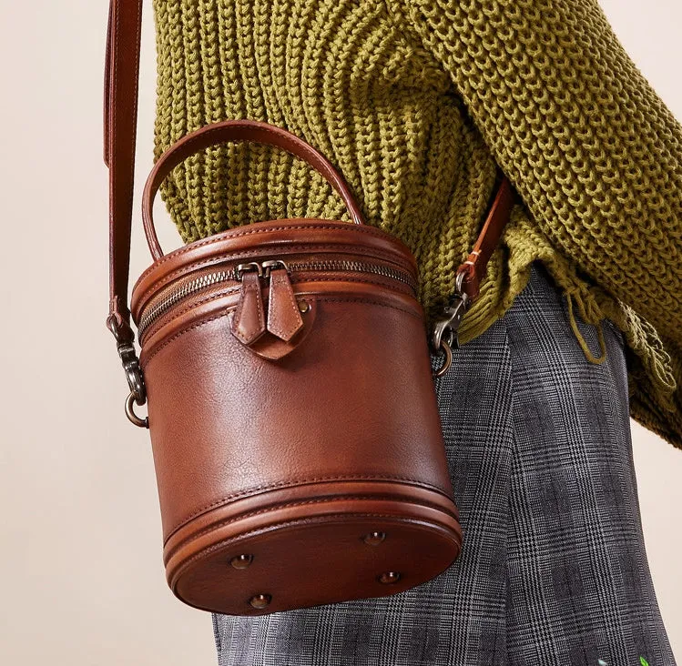 Vintage Womens Genuine Leather Crossbody Bucket Bag Handbags for Women