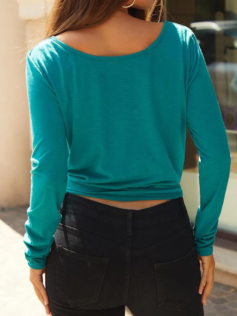 Women's Long Sleeve Turquoise Green Plain Top
